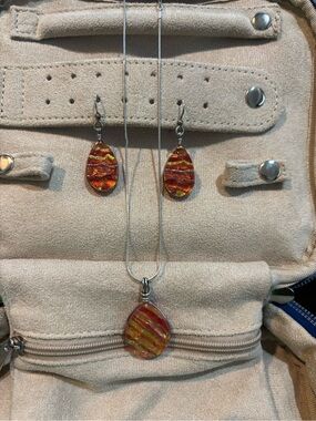 Dichroic Teardrop Necklace and Earring Set - Red and Gold Accent by AAC